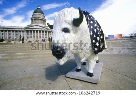 FEBRUARY 2005 - Painted statue of Buffalo in front of state capitol building, Salt Lake City, UT
