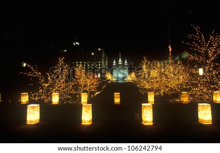 FEBRUARY 2005 - Night display of \'world peace\' sculptures during the 2002 Winter Olympics in the Mormon Square, Salt Lake City, UT
