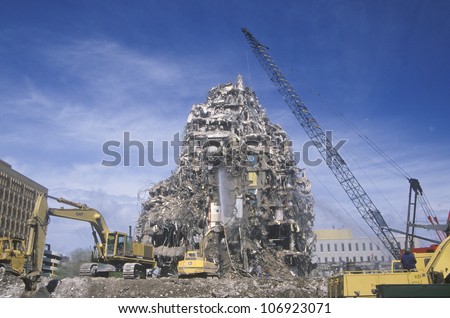 CIRCA 1990 - A demolition crew tearing down remnants from a building in Minneapolis, Minnesota