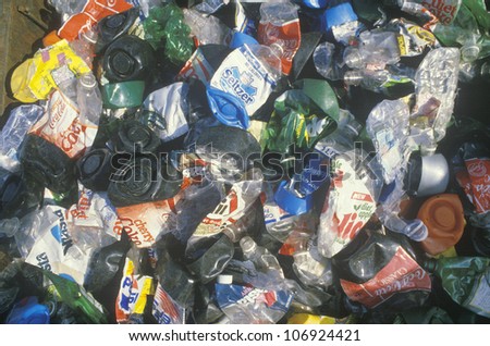 CIRCA 1988 - Plastic bottles crushed and ready for processing at a recycling center in Santa Monica California