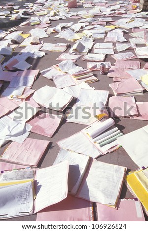 Medical records strewn over the floor in a medical building in Los Angeles after the January 17, 1994 earthquake