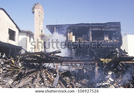 An apartment building on fire as a result of the Northridge earthquake in 1994