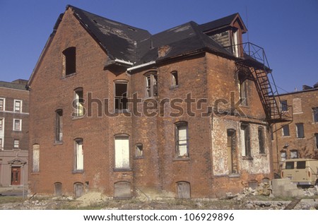 CIRCA 2002 - Abandoned brick house, Detroit, Michigan