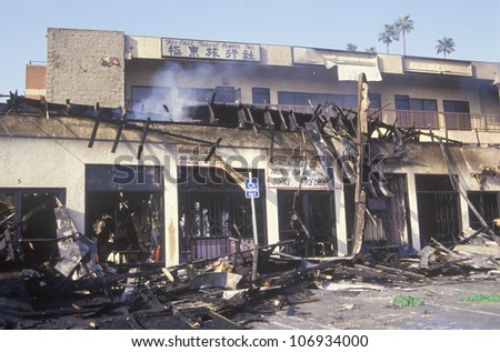 Strip mall burned out during 1992 riots, South Central Los Angeles, California