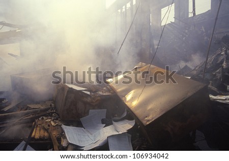 Smoldering business after 1992 riots, South Central Los Angeles, California