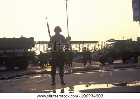 Silhouetted National Guard during 1992 riots, South Central Los Angeles, California