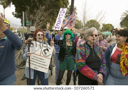 Protesters start marching against Iraq War and George W. Bush at an anti-Iraq War protest march in Santa Barbara, California on March 17, 2007