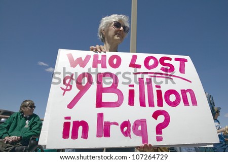 MARCH 2005 - Picture of anti-Bush political rally in Tucson, AZ with signs about Iraq War in Tucson, AZ