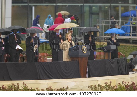 Former US First Lady and current US Sen. Hillary Clinton, D- NY speaks during the grand opening ceremony of the William J. Clinton Presidential Center in Little Rock, AK 18 November 2004.