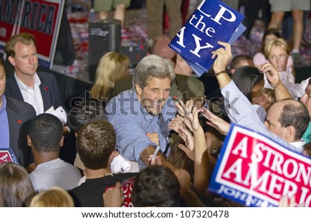 AUGUST 2004 - Senator John Kerry shakes hands with supporters at the Thomas Mack Center at UNLV, Las Vegas, NV