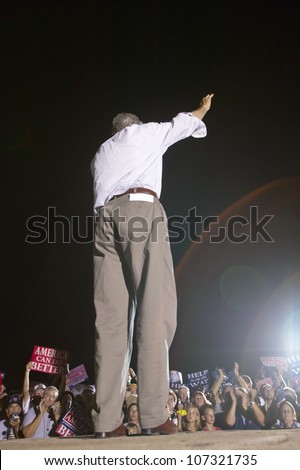AUGUST 2004 - Senator John Kerry speaking from stage at outdoor Kerry Campaign rally, Kingman, AZ