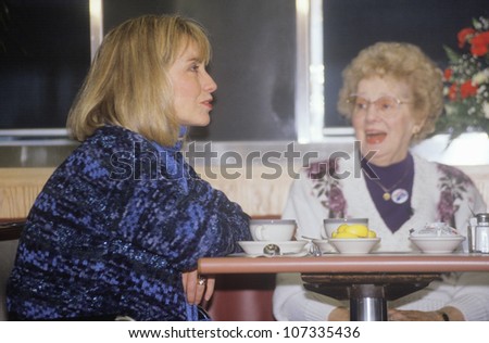 Hillary Rodham Clinton meets with townspeople at the Mayfield Diner in 1992 on Bill Clinton\'s final day of campaigning in Philadelphia, Pennsylvania