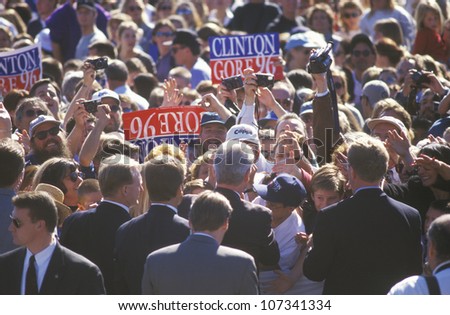 Former President Bill Clinton meets the crowd at a Santa Barbara City College campaign rally in 1996, Santa Barbara, California