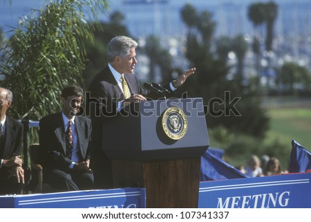 Former President Bill Clinton addresses crowd at a Santa Barbara City College campaign rally in 1996, Santa Barbara, California