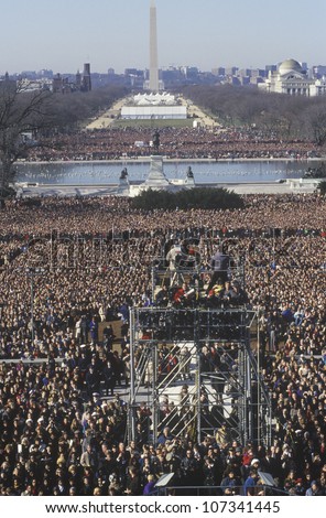 Camera stands and crowd on Bill Clinton's Inauguration Day January 20, 1993 in Washington, DC