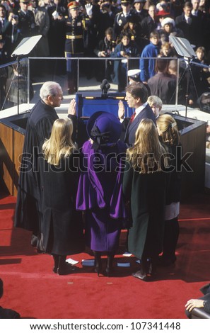 Al Gore, taking oath as Vice President on Inauguration Day from Chief Justice William Rehnquist on January 20, 1993 in Washington, DC