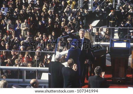 Bill Clinton, 42nd President, waves to the crowd on Inauguration Day January 20, 1993 in Washington, DC