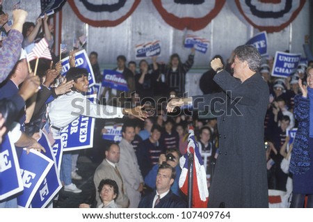 Governor Bill Clinton works the crowd at a Detroit campaign rally in 1992 on his final day of campaigning in Detroit, Michigan