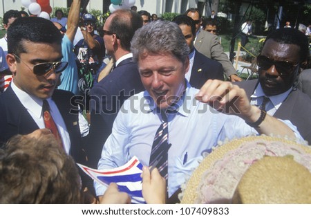 Governor Bill Clinton shakes hands at a rally at a Mexican Independence Day celebration in 1992 at Baldwin Park, Los Angeles, California