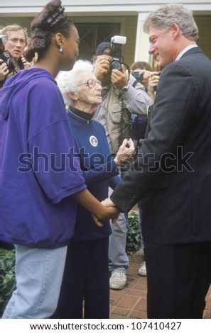 Governor Bill Clinton stops to meet with supporters on way to Governors Mansion on Election Day Nov. 3 of 1992 in Little Rock, Arkansas