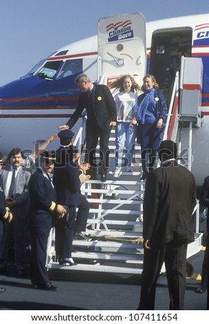 Governor Bill Clinton, wife Hillary and daughter Chelsea disembark an airplane on Election Day Nov. 3 of 1992 in Little Rock, Arkansas