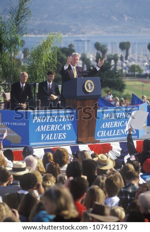 Former President Bill Clinton speaks at a Santa Barbara City College campaign rally in 1996, Santa Barbara, California