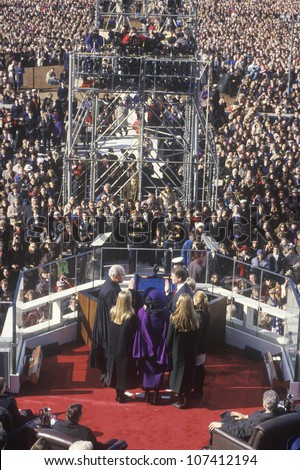 Al Gore, former Vice President, takes the Oath of Office on Inauguration Day from Chief Justice William Rehnquist on January 20, 1993 in Washington, DC