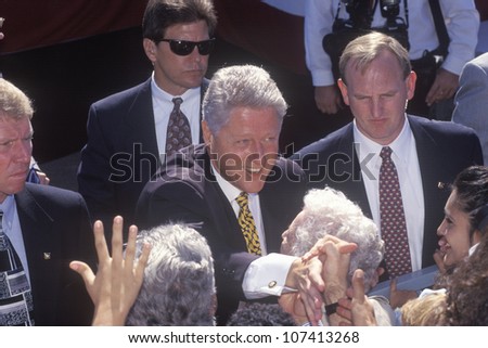 Former President Bill Clinton greets the crowd at a Santa Barbara City College campaign rally in 1996, Santa Barbara, California