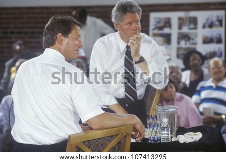 Governor Bill Clinton and Senator Al Gore at the Louis Stokes Day Care Center during the 1992 Buscapade campaign tour in East Cleveland, Ohio