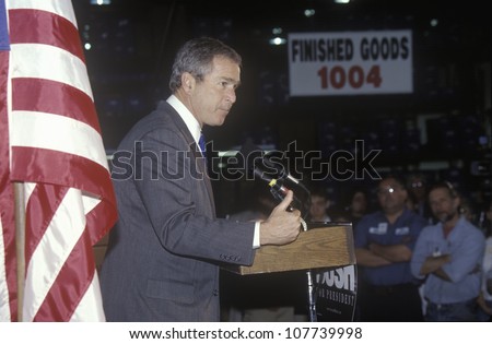 George W. Bush speaking from podium at campaign rally, Laconia, NH, January 2000
