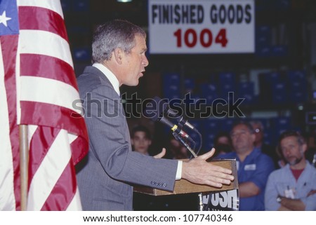 George W. Bush speaking from podium at campaign rally, Laconia, NH, January 2000
