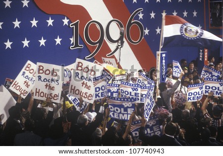 Enthusiastic delegates wave their signs supporting Bob Dole and Jack Kemp at the 1996 Republican National Convention in San Diego, California