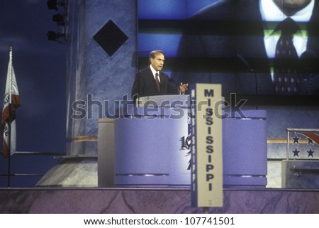 Bob Dole gives his acceptance speech as the Republican Party's nominee for President of the United States at the 1996 Republican National Convention in San Diego, California