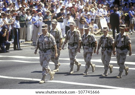 General Schwarzkopf walks at the head of the Desert Storm Victory Parade down the streets of Washington, DC. 1991