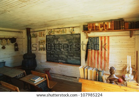 Interior of a one room school house. It was the first school in Montana from 1868. Nevada City, Montana.