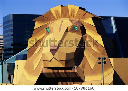 This is a version of the famous lion at the MGM Casino and Hotel. It is on the outside of their casino and hotel building.