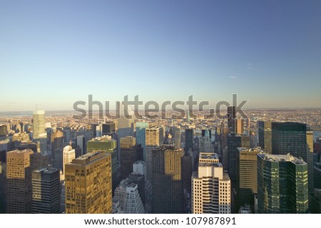 Panoramic views of New York City at sunset looking toward Central Park, New York City, New York