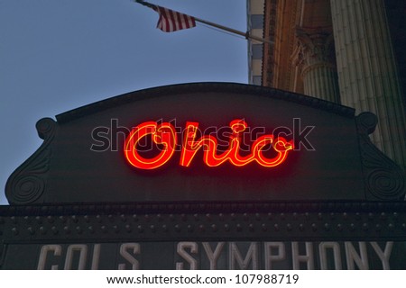Ohio Theater marquee theater sign advertising Columbus Symphony Orchestra in downtown Columbus, Ohio
