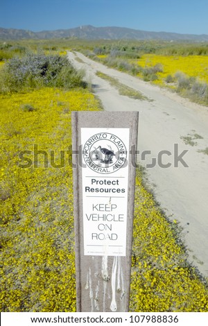 Road sign reads keep vehicle on road at the Carrizo National Monument, the US Department of Interior, in Southern California