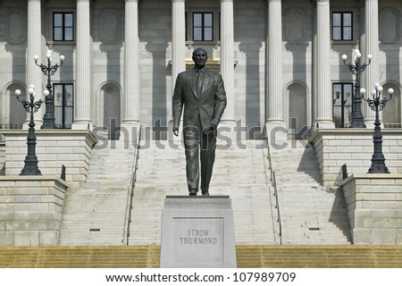A statue of former U.S. Senator Strom Thurmond stands in front of the South Carolina statehouse in Columbia, South Carolina.