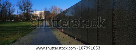 Vietnam Veterans Memorial known as the Wall. A sidewalk leads to the Lincoln Memorial. Washington D.C.