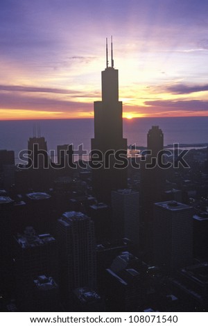 The Sears Tower above Chicago Skyline at Sunrise, Chicago, Illinois