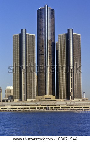 The Renaissance Center, a skyscraper office complex in downtown Detroit, Michigan
