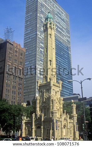 Old 1869 Chicago Water Tower and the John Hancock Building, Chicago, Illinois