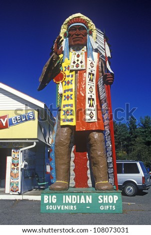 Statue of Native American in costume at the Big Indian Shop, Mohawk Trail, Massachusetts