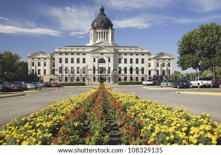 Summer flower-bed leading to South Dakota State Capitol and complex, Pierre, South Dakota