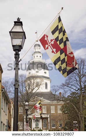 Maryland State Flag  with State Capitol dome, Annapolis, Maryland