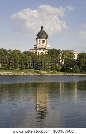 Lake with view of South Dakota State Capitol and complex, Pierre, South Dakota