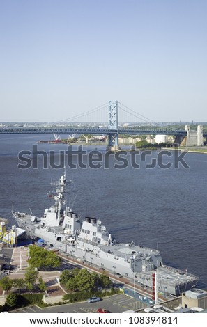 Aerial view of Delaware River, Benjamin Franklin Bridge and waterfront of Philadelphia, Pennsylvania