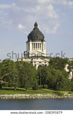 Lake with view of South Dakota State Capitol and complex, Pierre, South Dakota